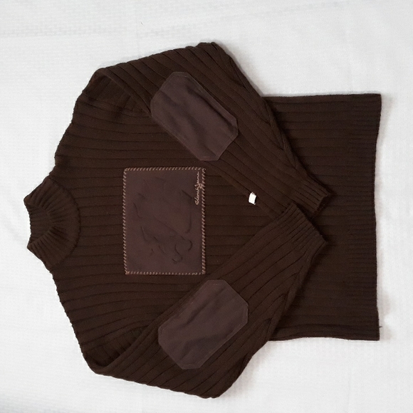 Vintage CLENCH JEANS pullover sweater ribbed wool blend elbow patch brown size L - Picture 12 of 12